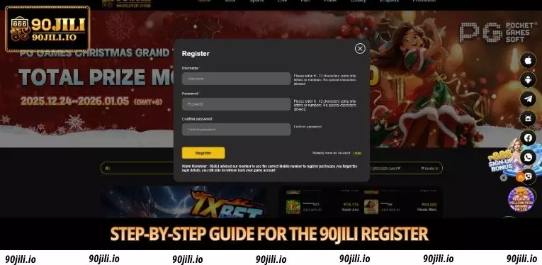 90Jili registration and account setup screen for claiming casino rewards