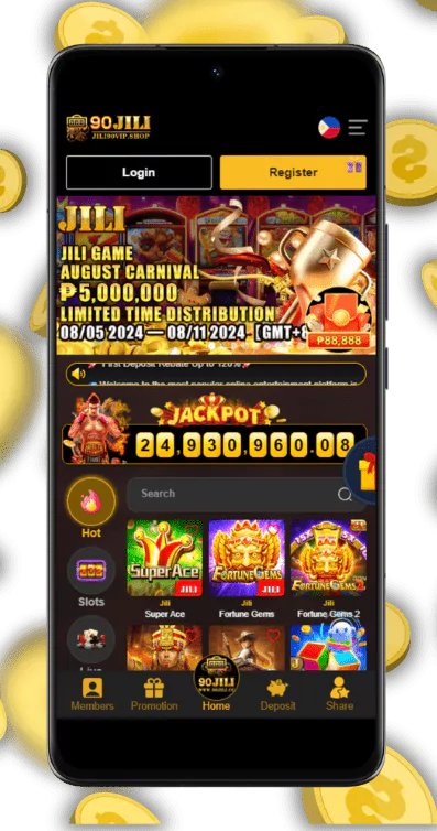 90Jili mobile gaming layout on an Android-style screen with casino games and gold accents